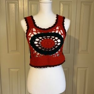 Vintage 1970’s Hand Crafted Cropped Top Crochet Tank Red green brown